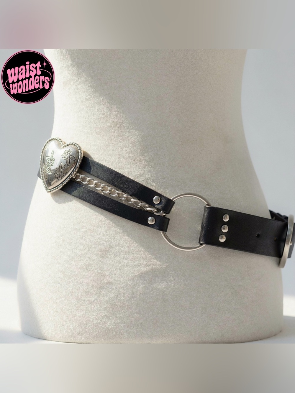 Y2K 2000s style Black leather belt with silver heart buckle